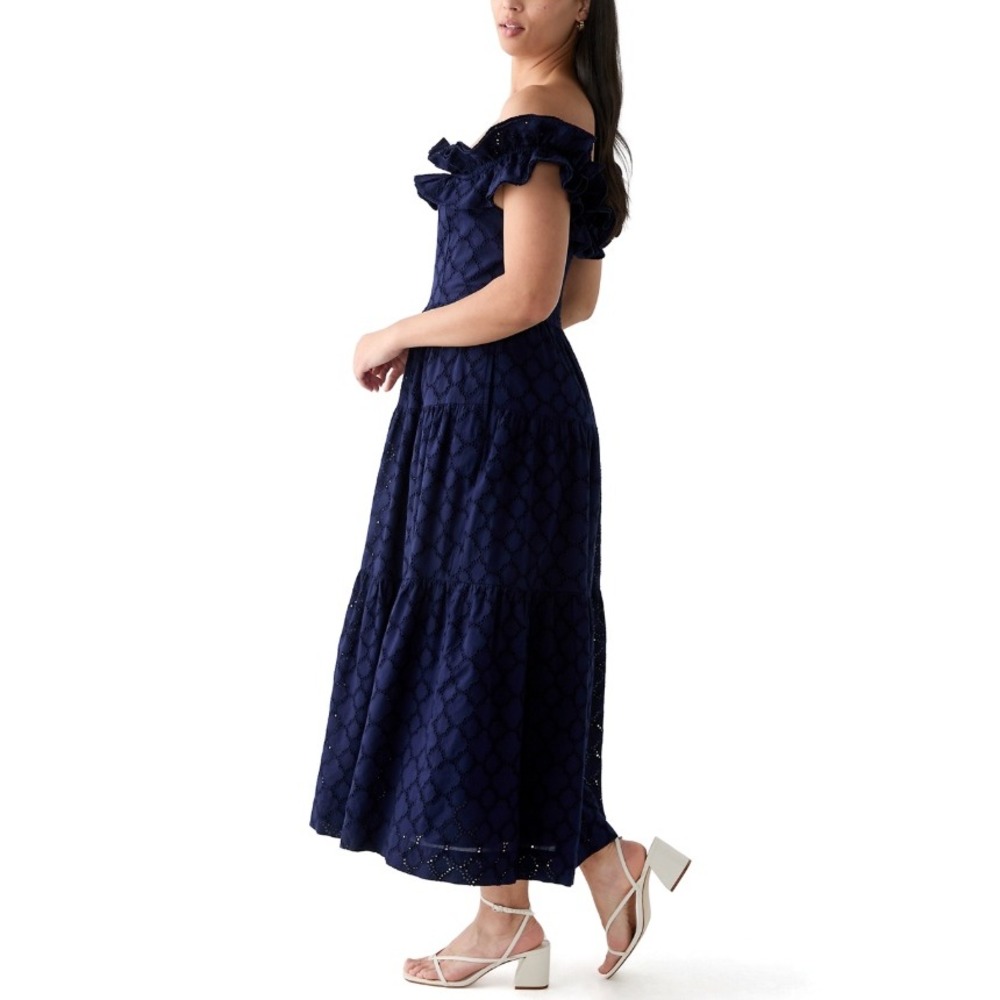 Crown & Ivy NWT Off Shoulder Navy Blue Eyelet Ruffle Tiered Midi Dress Large